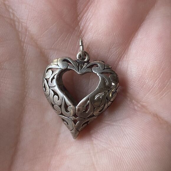 Vintage Sterling Silver 925 Ornate Puffy Heart Pendant Open Romantic ByJezlaine - Picture 4 of 9